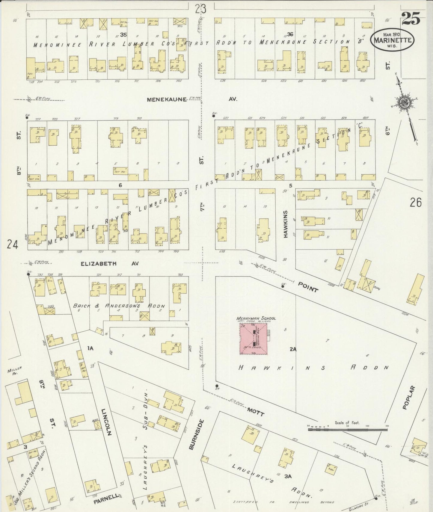 Sanborn Fire Insurance Map from Marinette, Marinette County, Wisconsin (1910), Sheet #0025 - Historic Sanborn Fire Insurance Map Print, vintage old map wall art, antique decor, genealogy gift, Wisconsin Wisconsin map