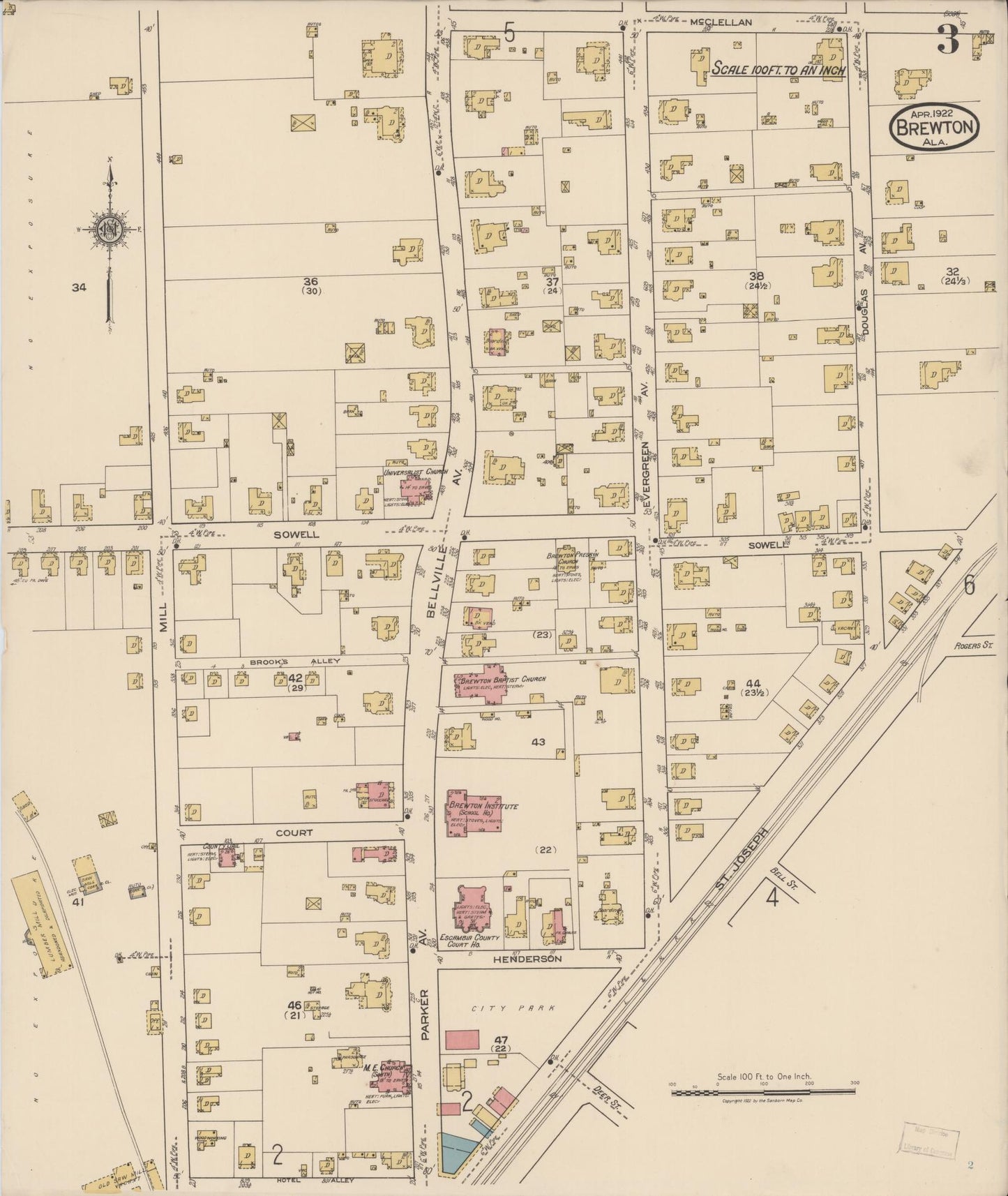 Sanborn Fire Insurance Map from Brewton, Escambia County, Alabama (1922), Sheet #0003 - Complete Map Set gallery image, historic Sanborn map, vintage wall art, Alabama Alabama