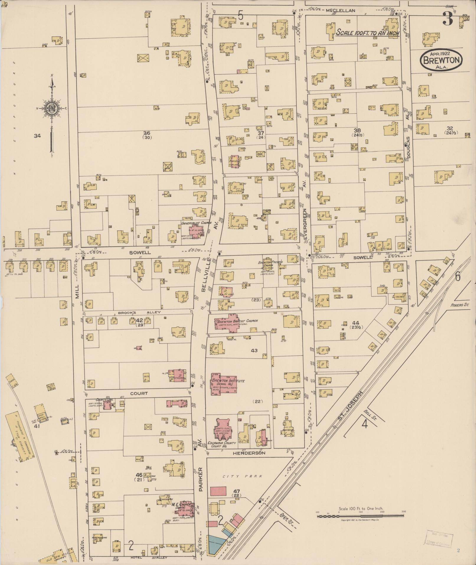 Sanborn Fire Insurance Map from Brewton, Escambia County, Alabama (1922), Sheet #0003 - Complete Map Set gallery image, historic Sanborn map, vintage wall art, Alabama Alabama