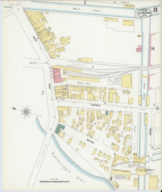 Sanborn Fire Insurance Map from Lewiston, Androscoggin County, Maine (1902), Sheet #0008 - Historic Sanborn Fire Insurance Map Print, vintage old map wall art, antique decor, genealogy gift, Maine Maine map