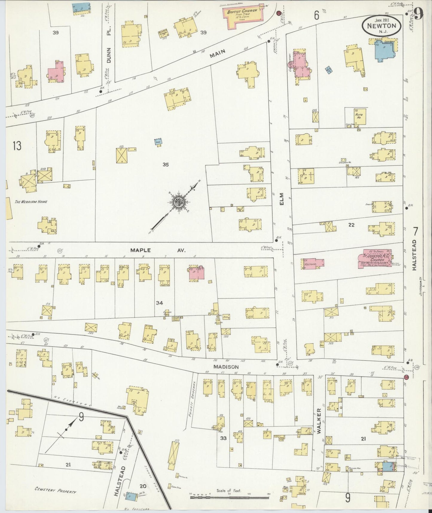 Sanborn Fire Insurance Map from Newton, Sussex County, New Jersey (1911), Sheet #0009 - Historic Sanborn Fire Insurance Map Print, vintage old map wall art, antique decor, genealogy gift, New Jersey New Jersey map