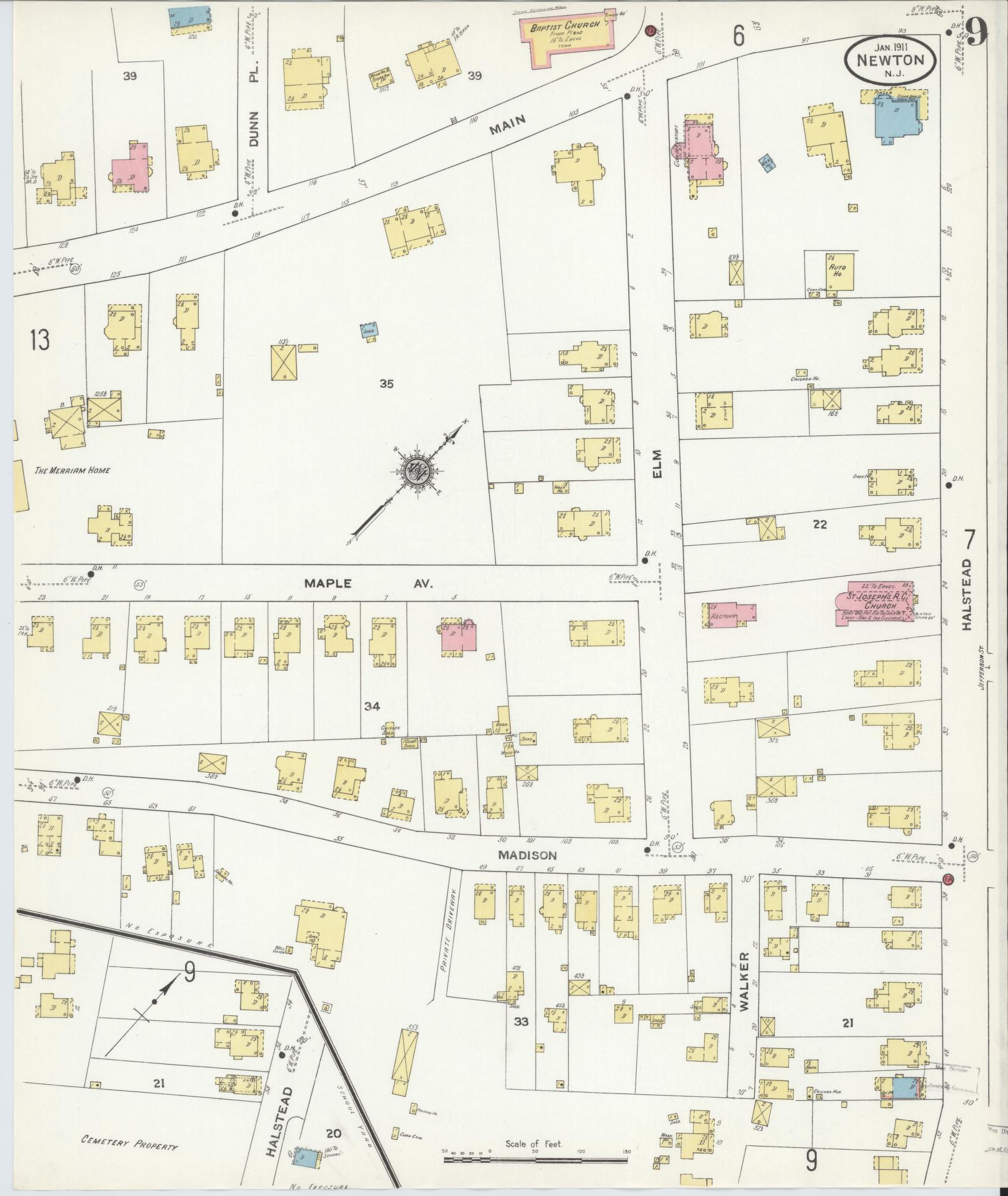 Sanborn Fire Insurance Map from Newton, Sussex County, New Jersey (1911), Sheet #0009 - Historic Sanborn Fire Insurance Map Print, vintage old map wall art, antique decor, genealogy gift, New Jersey New Jersey map