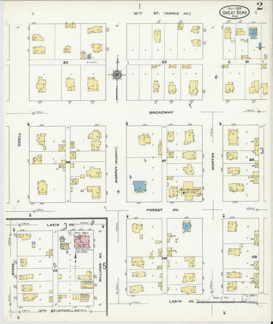 Sanborn Fire Insurance Map from Great Bend, Barton County, Kansas (1909), Sheet #0002 - Historic Sanborn Fire Insurance Map Print, vintage old map wall art, antique decor, genealogy gift, Kansas Kansas map