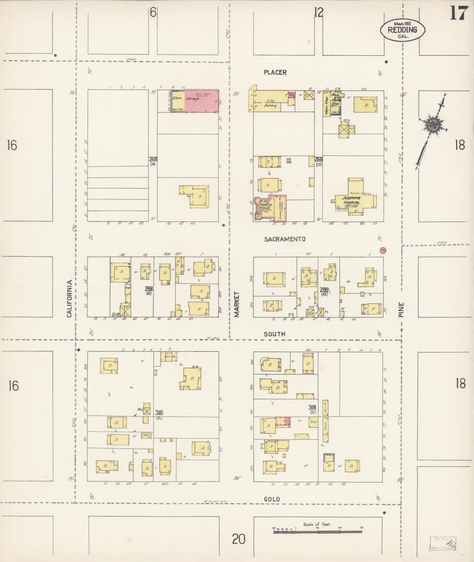 Sanborn Fire Insurance Map from Redding, Shasta County, California (1912), Sheet #0017 - Complete Map Set gallery image, historic Sanborn map, vintage wall art, California California