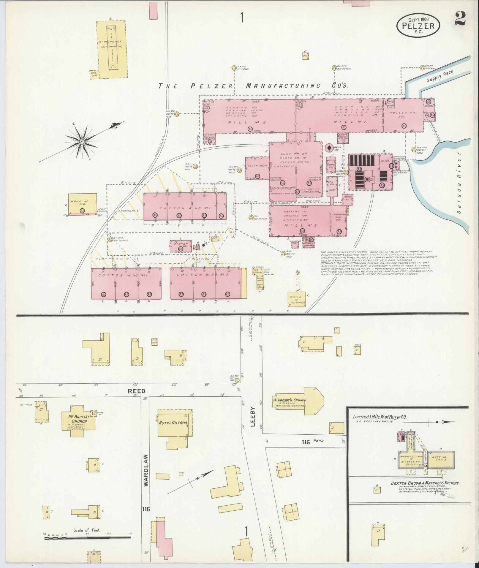 Sanborn Fire Insurance Map from Pelzer, Anderson County, South Carolina (1908), Sheet #0002 - Complete Map Set gallery image, historic Sanborn map, vintage wall art, South Carolina South Carolina