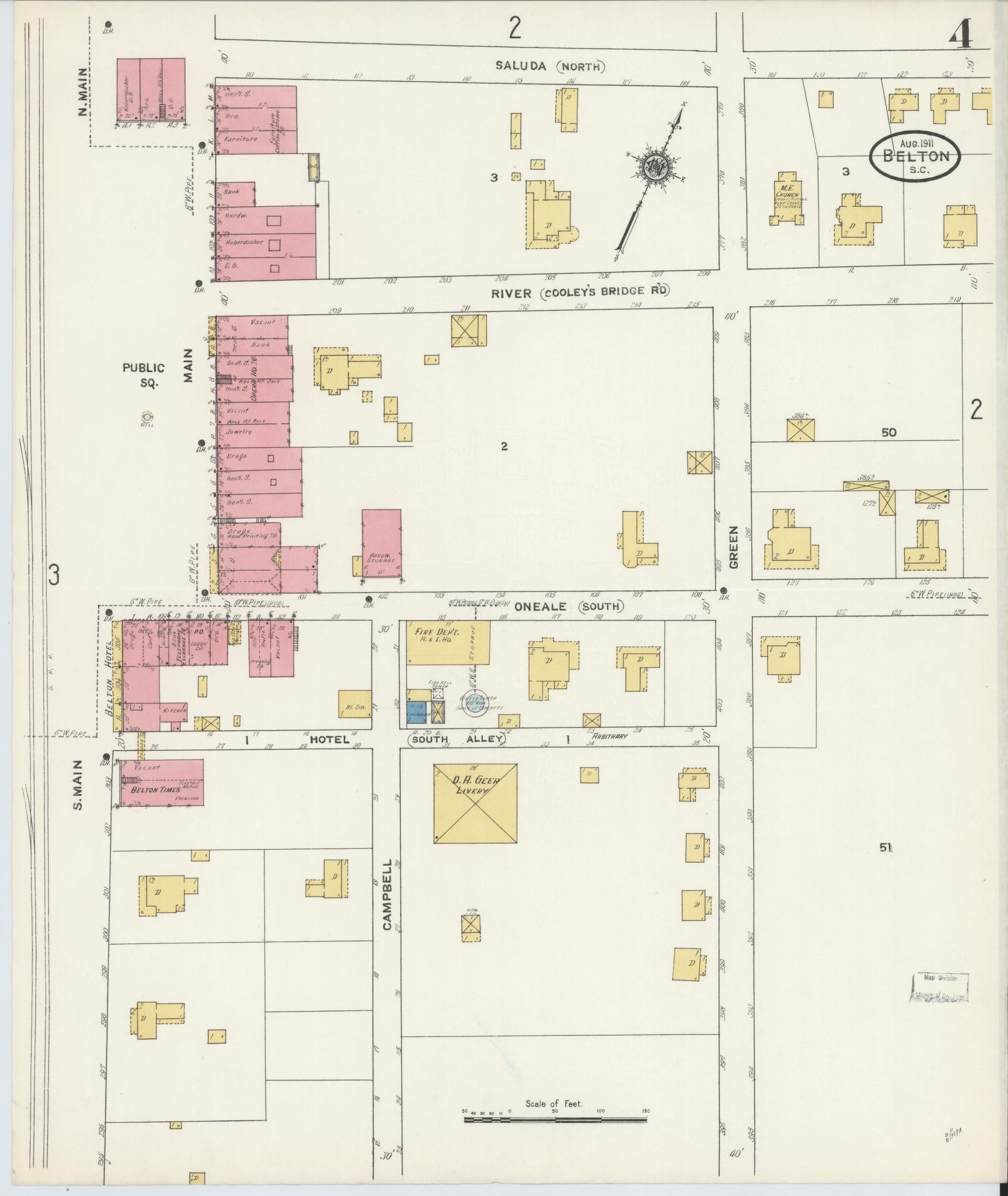 Sanborn Fire Insurance Map from Belton, Anderson County, South Carolina (1911), Sheet #0004 - Complete Map Set gallery image, historic Sanborn map, vintage wall art, South Carolina South Carolina