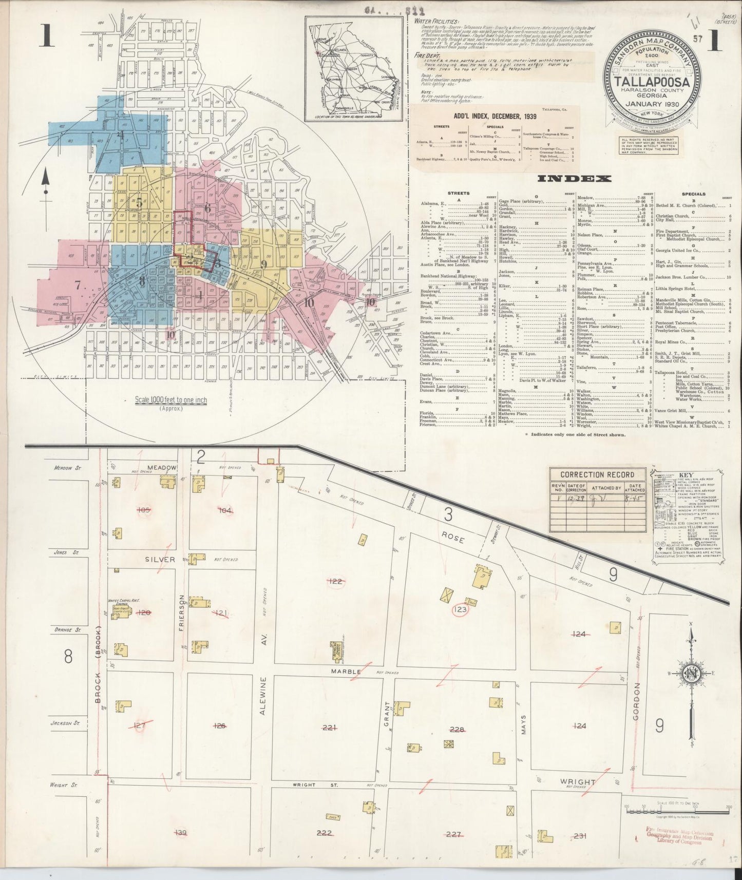 Sanborn Fire Insurance Map from Tallapoosa, Haralson County, Georgia (1939), Sheet #0001 - Historic Sanborn Fire Insurance Map Print, vintage old map wall art, antique decor, genealogy gift, Georgia Georgia map