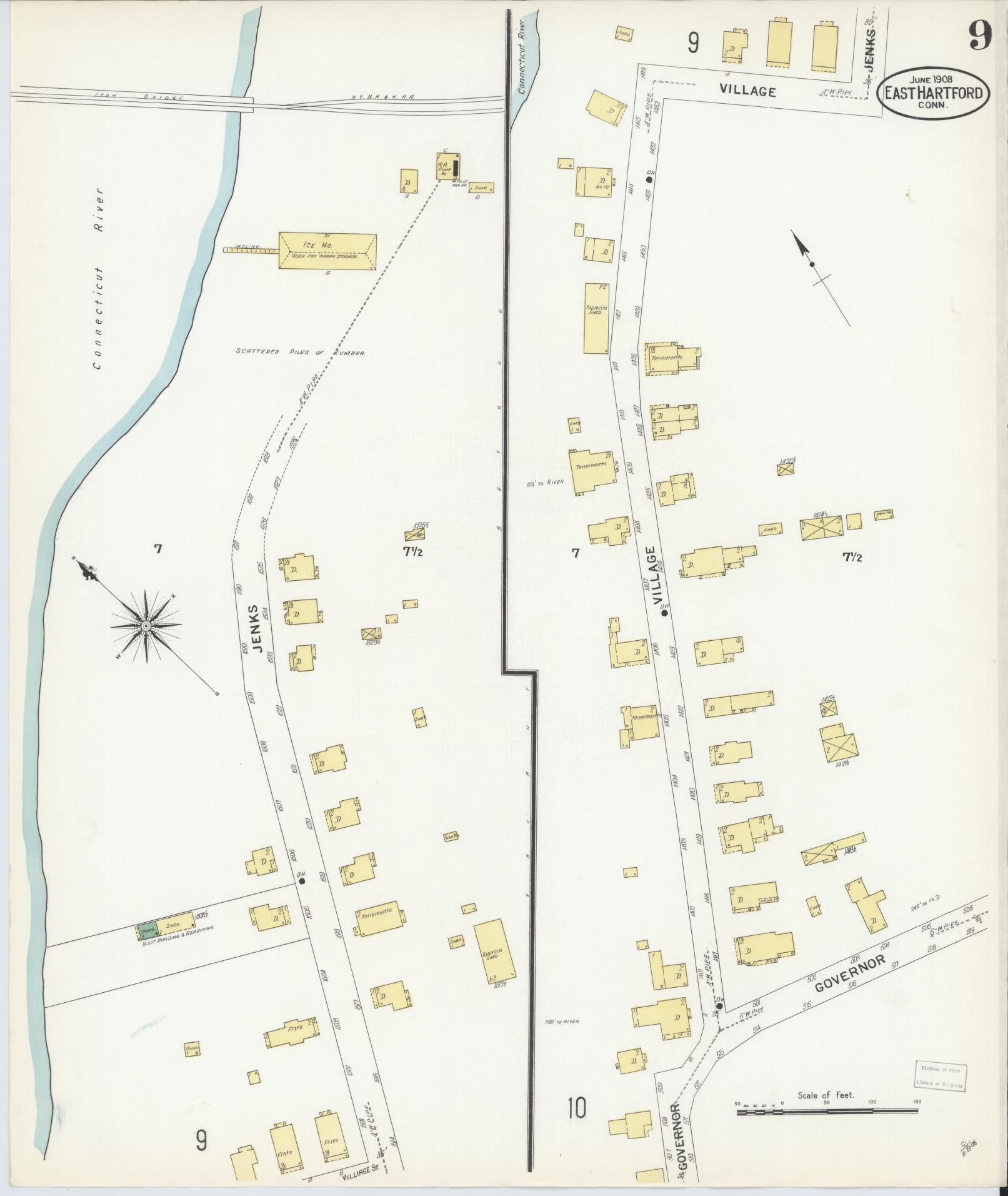 Sanborn Fire Insurance Map from East Hartford, Hartford County, Connecticut (1908), Sheet #0009 - Historic Sanborn Fire Insurance Map Print, vintage old map wall art, antique decor, genealogy gift, Connecticut Connecticut map