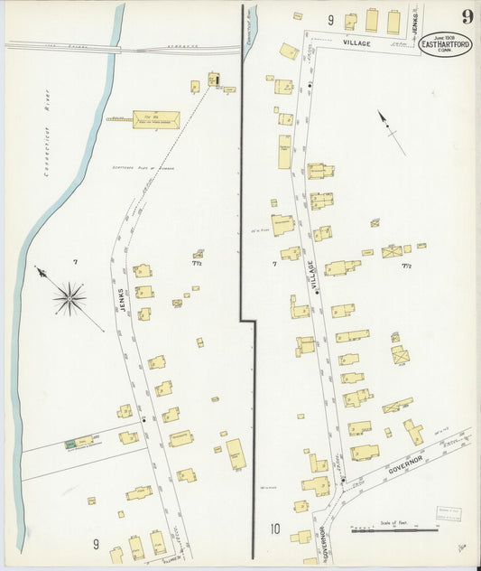 Sanborn Fire Insurance Map from East Hartford, Hartford County, Connecticut (1908), Sheet #0009 - Historic Sanborn Fire Insurance Map Print, vintage old map wall art, antique decor, genealogy gift, Connecticut Connecticut map