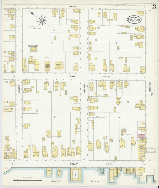 Sanborn Fire Insurance Map from Beaufort, Carteret County, North Carolina (1908), Sheet #0003 - Historic Sanborn Fire Insurance Map Print, vintage old map wall art, antique decor, genealogy gift, North Carolina North Carolina map