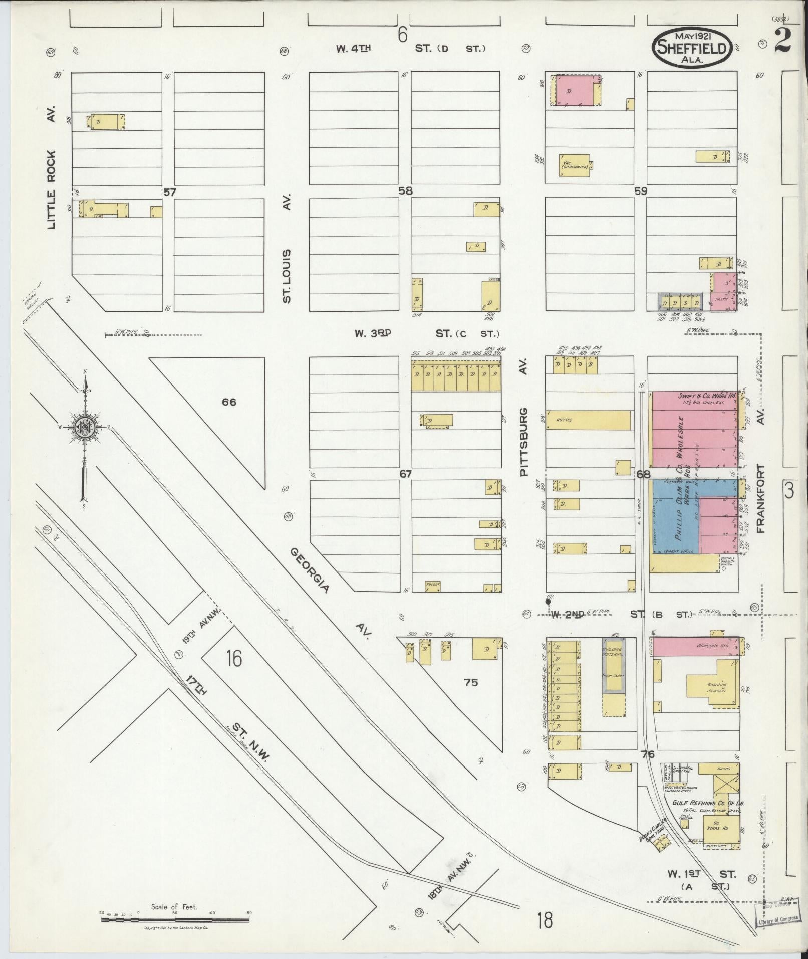 Sanborn Fire Insurance Map from Sheffield, Colbert County, Alabama (1921), Sheet #0002 - Complete Map Set gallery image, historic Sanborn map, vintage wall art, Alabama Alabama