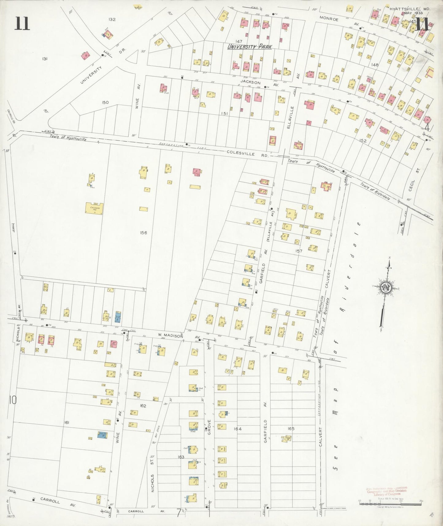 Sanborn Fire Insurance Map from Hyattsville, Prince Georges County, Maryland (1933), Sheet #0011 - Historic Sanborn Fire Insurance Map Print, vintage old map wall art