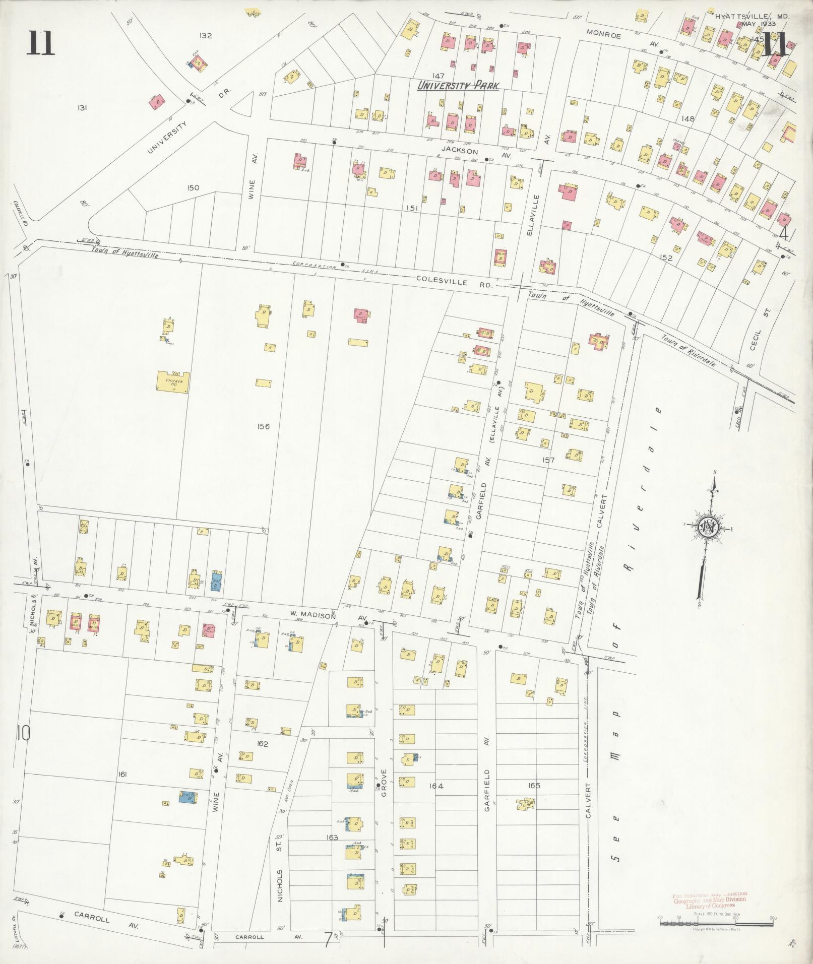 Sanborn Fire Insurance Map from Hyattsville, Prince Georges County, Maryland (1933), Sheet #0011 - Historic Sanborn Fire Insurance Map Print, vintage old map wall art
