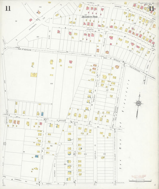 Sanborn Fire Insurance Map from Hyattsville, Prince Georges County, Maryland (1933), Sheet #0011 - Historic Sanborn Fire Insurance Map Print, vintage old map wall art