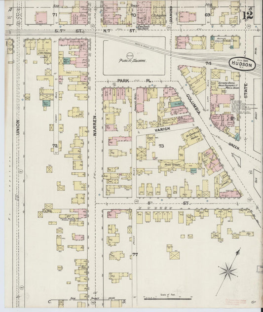 Sanborn Fire Insurance Map from Hudson, Columbia County, New York (1889), Sheet #0012 - Historic Sanborn Fire Insurance Map Print, vintage old map wall art, antique decor, genealogy gift, New York New York map