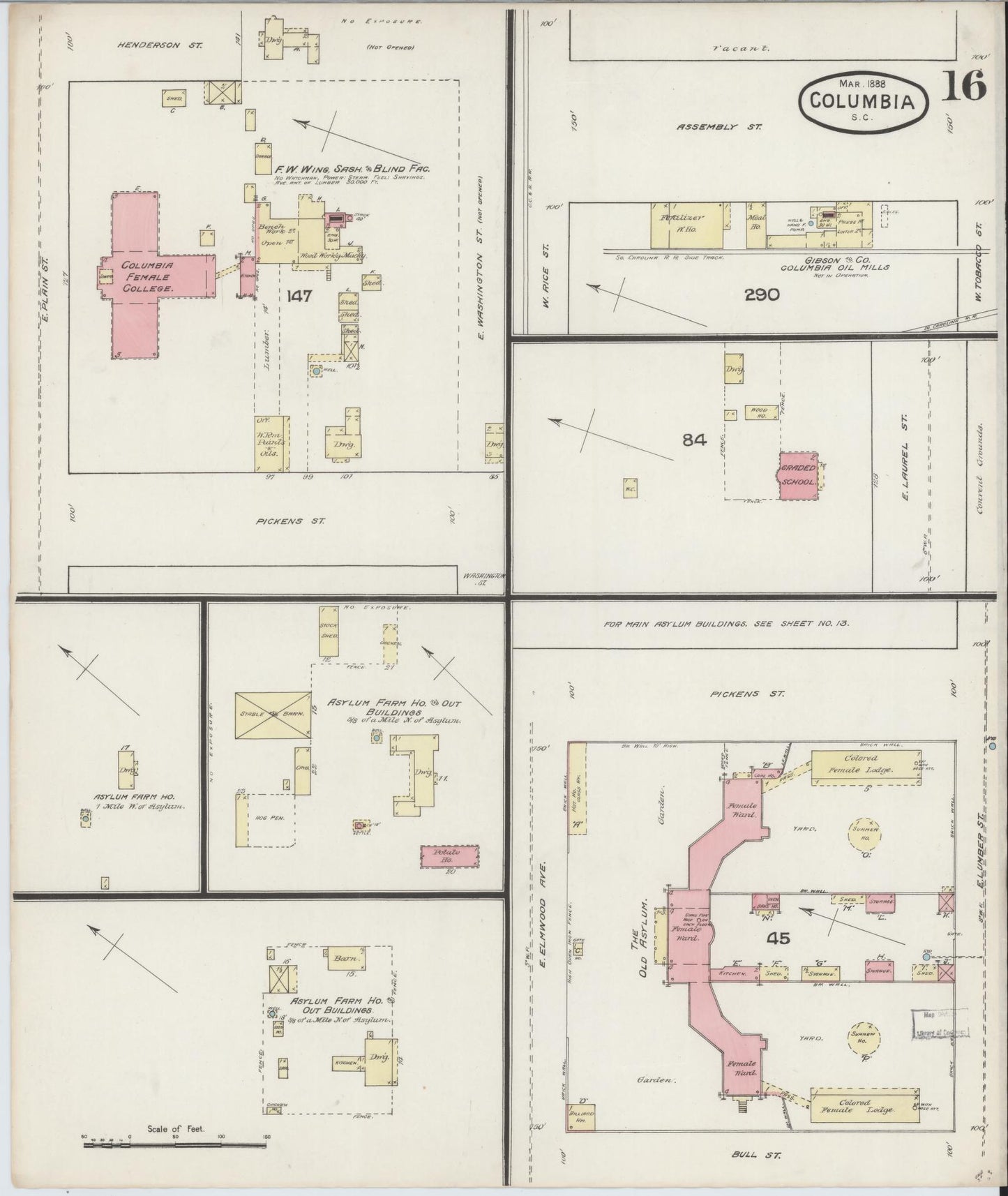 Sanborn Fire Insurance Map from Columbia, Richland County, South Carolina (1888), Sheet #0016 - Complete Map Set gallery image, historic Sanborn map, vintage wall art, South Carolina South Carolina