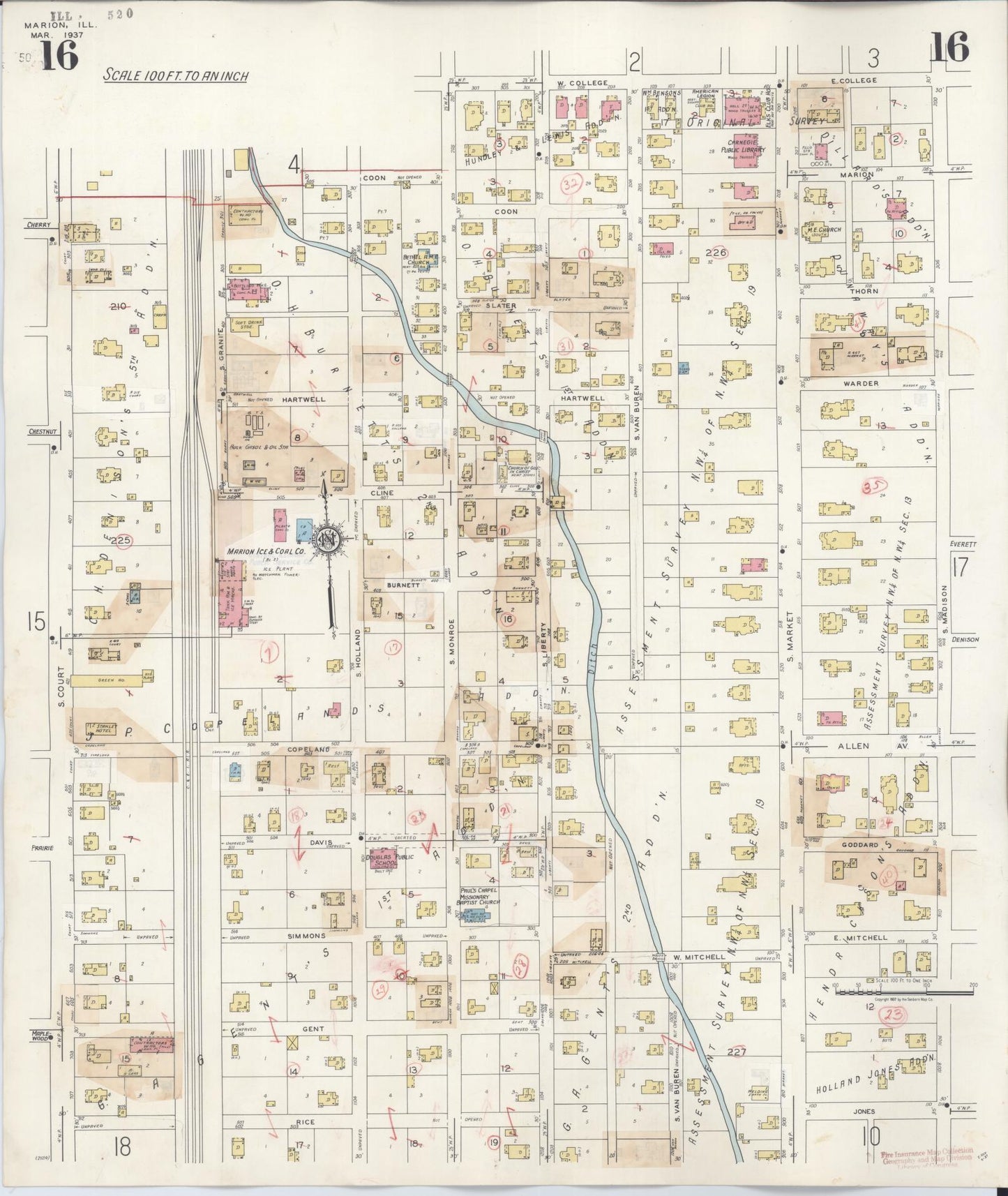 Sanborn Fire Insurance Map from Marion, Williamson County, Illinois (1946), Sheet #0016 - Historic Sanborn Fire Insurance Map Print, vintage old map wall art, antique decor, genealogy gift, Illinois Illinois map