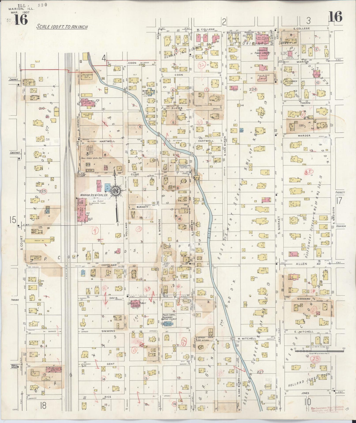 Sanborn Fire Insurance Map from Marion, Williamson County, Illinois (1946), Sheet #0016 - Historic Sanborn Fire Insurance Map Print, vintage old map wall art, antique decor, genealogy gift, Illinois Illinois map