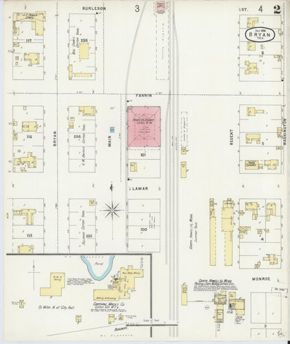 Sanborn Fire Insurance Map from Bryan, Brazos County, Texas (1896), Sheet #0002 - Historic Sanborn Fire Insurance Map Print, vintage old map wall art, antique decor, genealogy gift, Texas Texas map