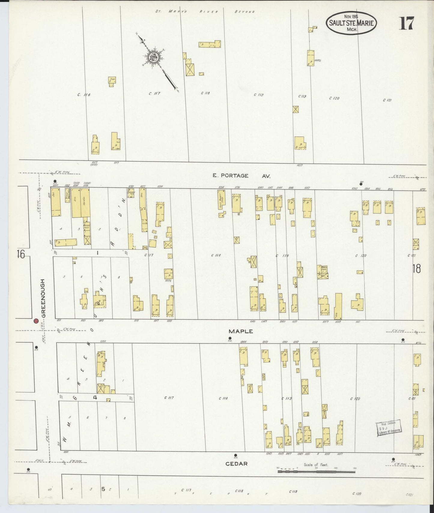 Sanborn Fire Insurance Map from Sault Sainte Marie, Chippewa County, Michigan (1915), Sheet #0017 - Complete Map Set gallery image, historic Sanborn map, vintage wall art, Michigan Michigan