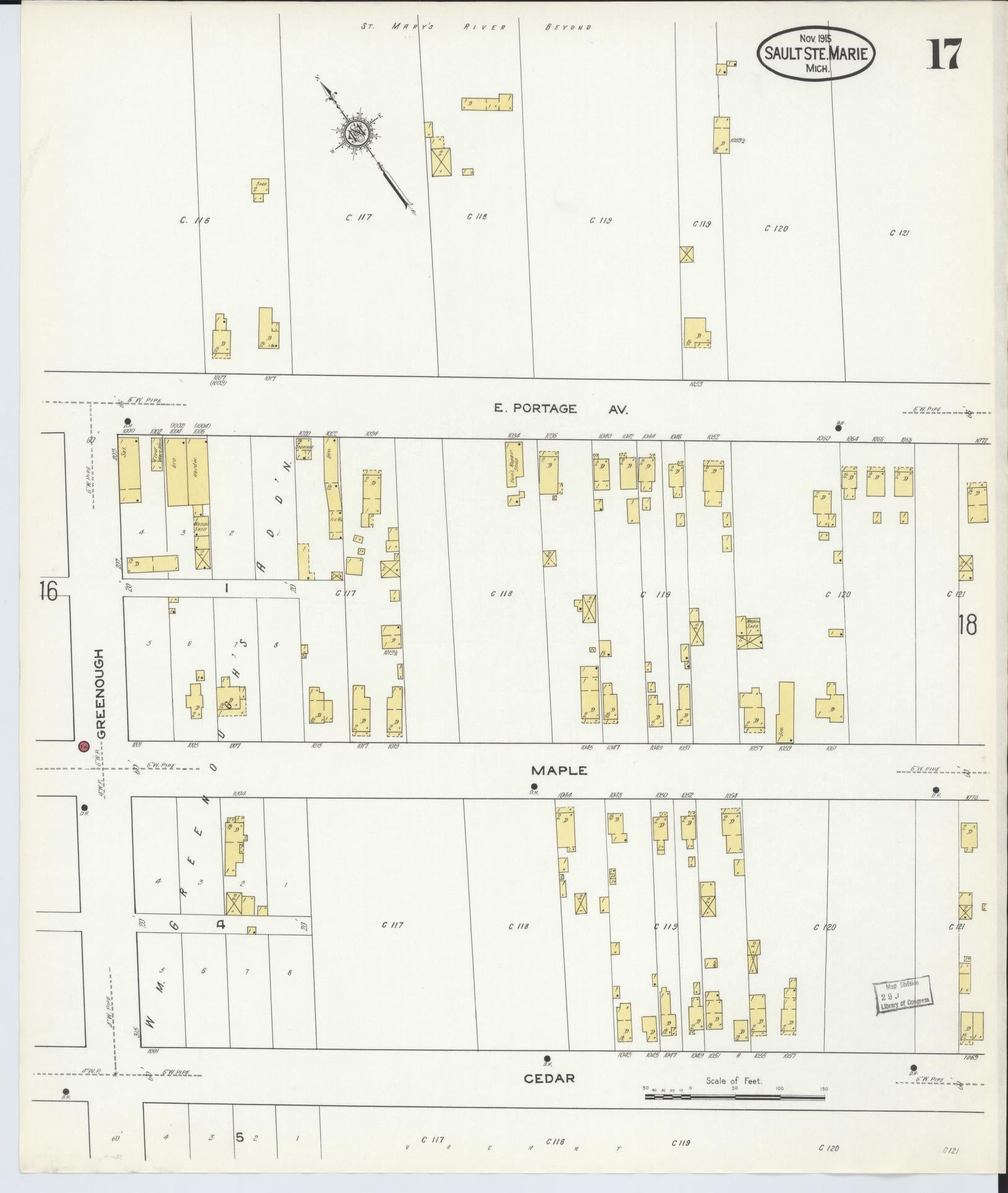 Sanborn Fire Insurance Map from Sault Sainte Marie, Chippewa County, Michigan (1915), Sheet #0017 - Complete Map Set gallery image, historic Sanborn map, vintage wall art, Michigan Michigan
