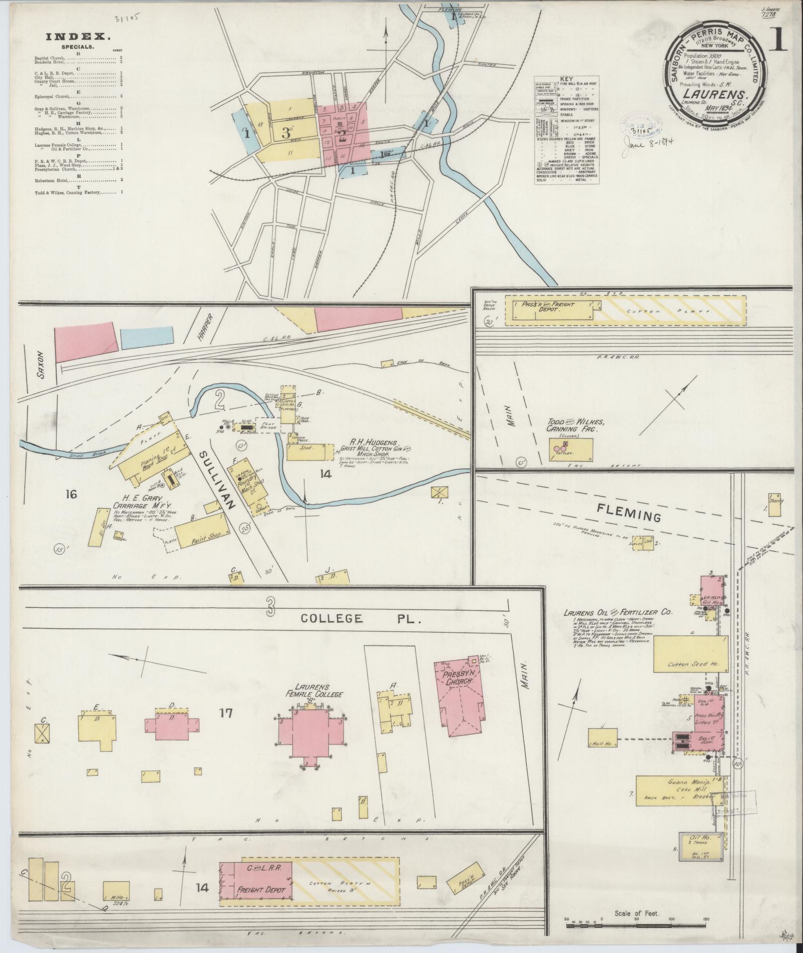 Sanborn Fire Insurance Map from Laurens, Laurens County, South Carolina (1894), Sheet #0001 - Historic Sanborn Fire Insurance Map Print, vintage old map wall art, antique decor, genealogy gift, South Carolina South Carolina map