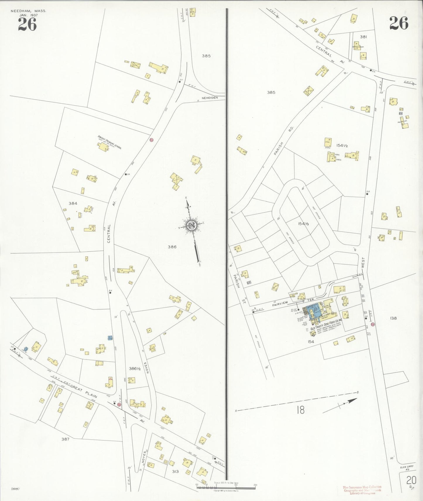 Sanborn Fire Insurance Map from Needham, Norfolk County, Massachusetts (1937), Sheet #0026 - Complete Map Set gallery image, historic Sanborn map, vintage wall art, Massachusetts Massachusetts
