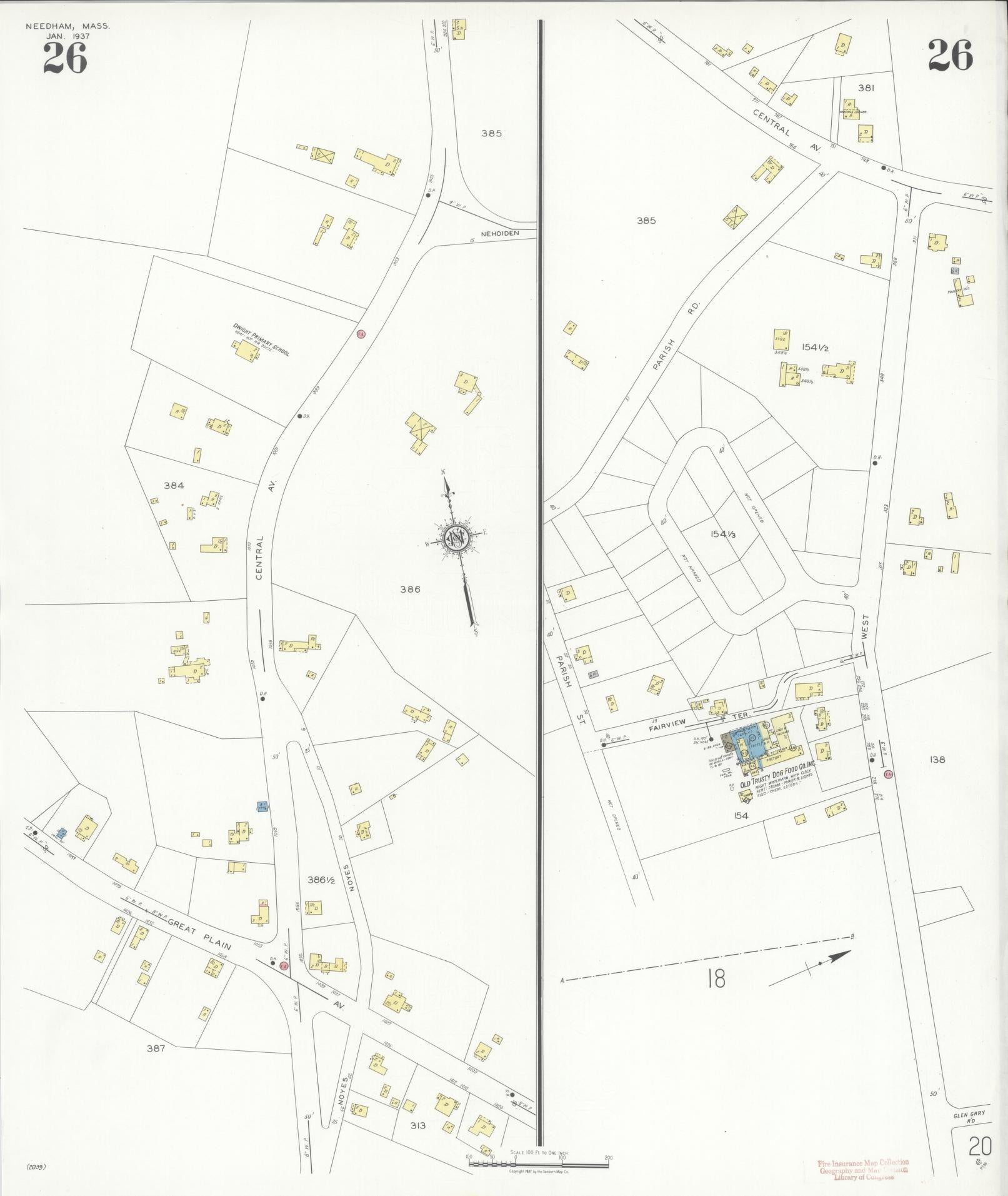 Sanborn Fire Insurance Map from Needham, Norfolk County, Massachusetts (1937), Sheet #0026 - Complete Map Set gallery image, historic Sanborn map, vintage wall art, Massachusetts Massachusetts