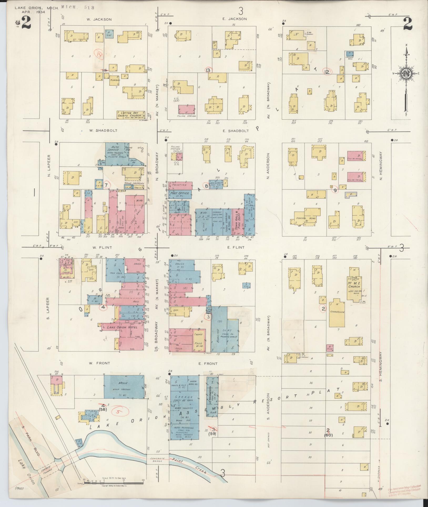 Sanborn Fire Insurance Map from Lake Orion, Oakland County, Michigan (1943), Sheet #0002 - Historic Sanborn Fire Insurance Map Print, vintage old map wall art, antique decor, genealogy gift, Michigan Michigan map