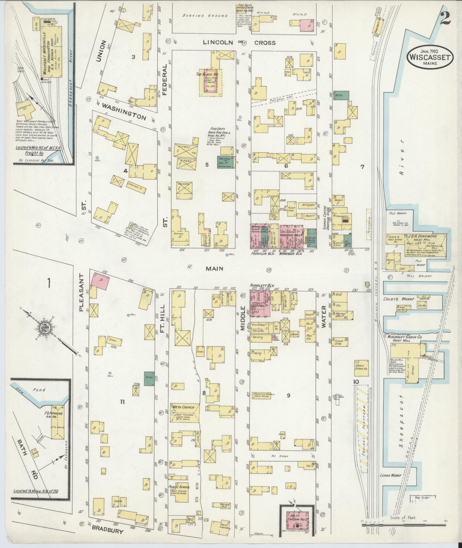 Sanborn Fire Insurance Map from Wiscasset, Lincoln County, Maine (1910), Sheet #0002 - Complete Map Set gallery image, historic Sanborn map, vintage wall art, Maine Maine