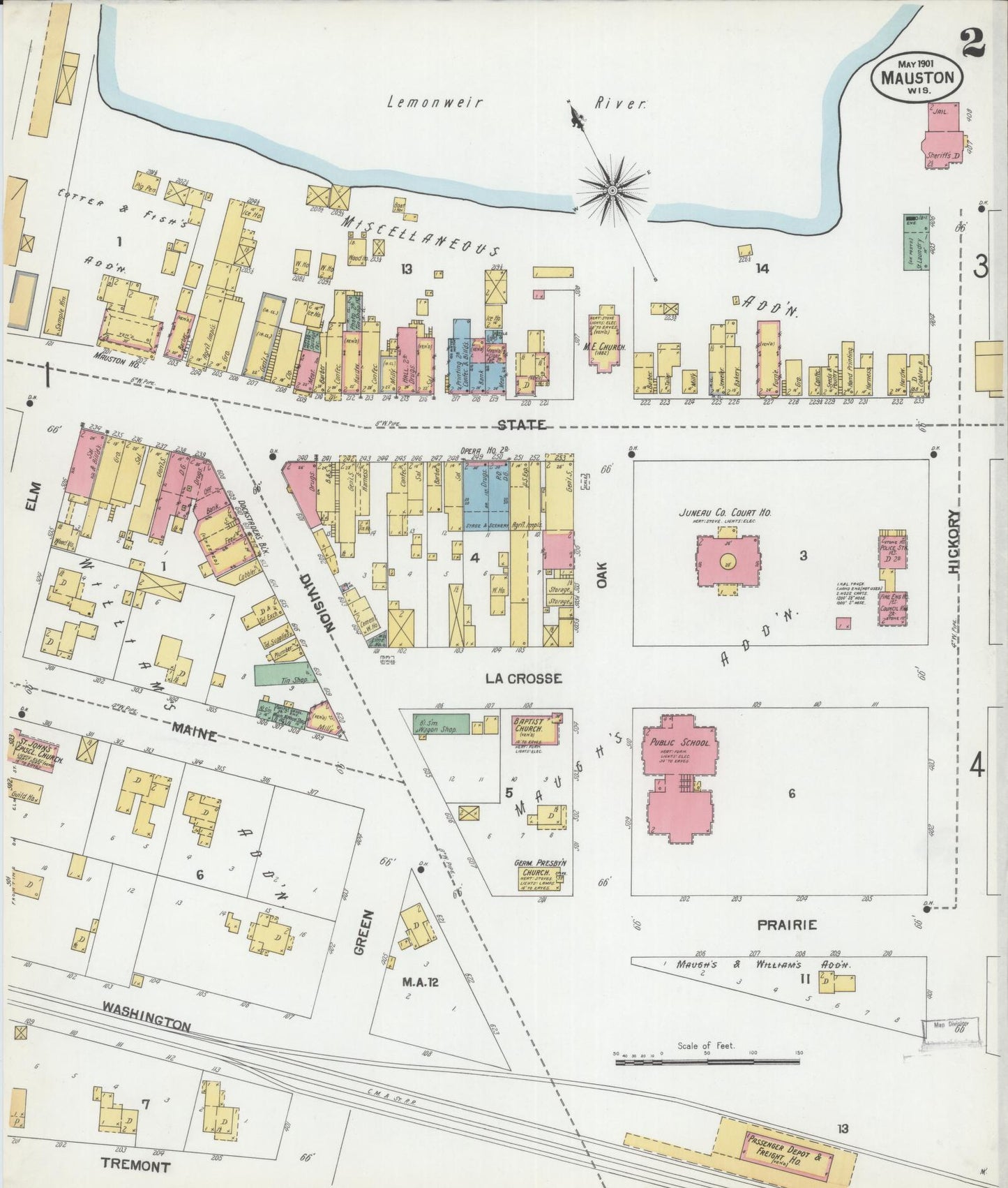 Sanborn Fire Insurance Map from Mauston, Juneau County, Wisconsin (1901), Sheet #0002 - Complete Map Set gallery image, historic Sanborn map, vintage wall art, Wisconsin Wisconsin