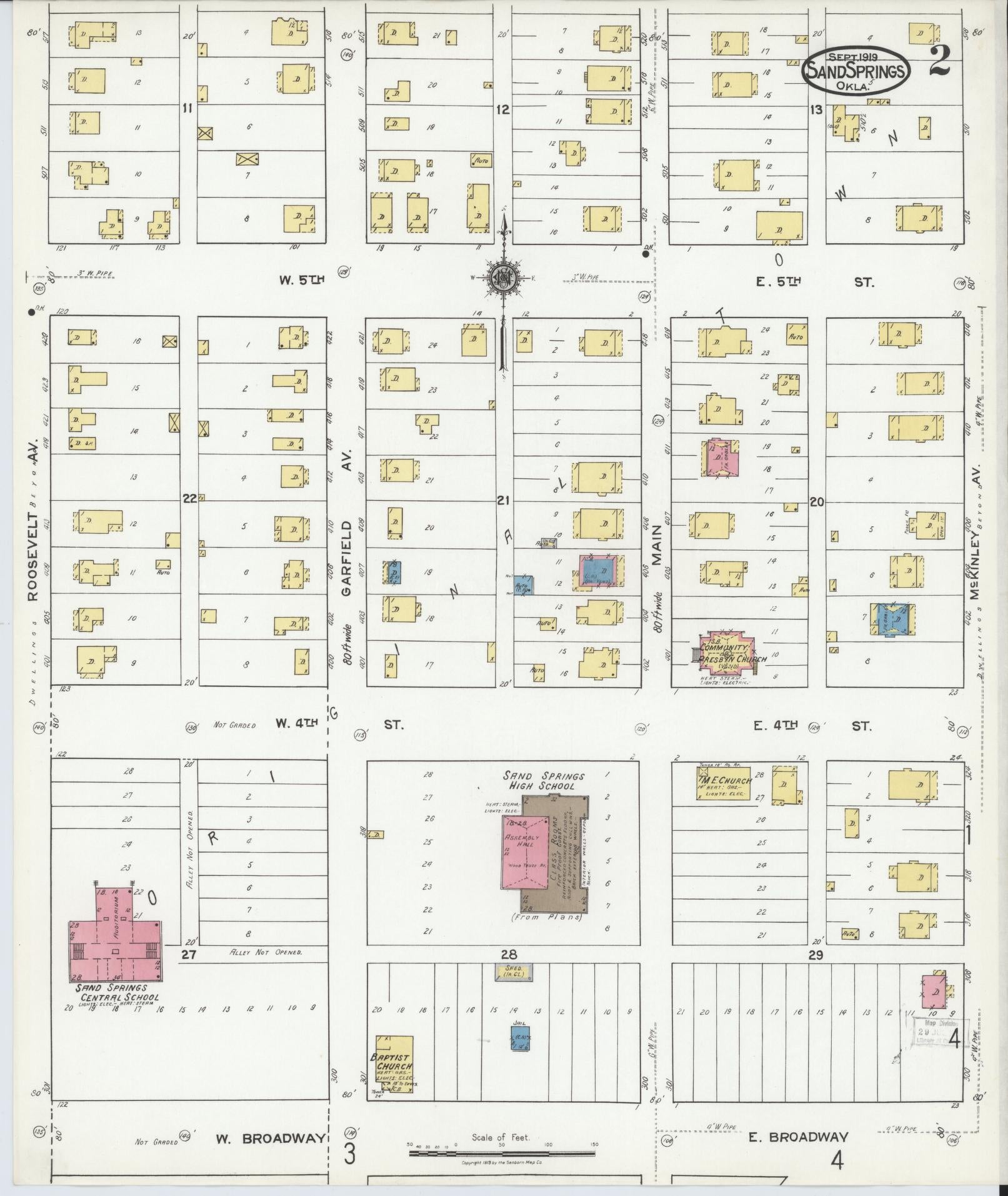 Sanborn Fire Insurance Map from Sand Springs, Tulsa County, Oklahoma (1919), Sheet #0002 - Historic Sanborn Fire Insurance Map Print, vintage old map wall art, antique decor, genealogy gift, Oklahoma Oklahoma map