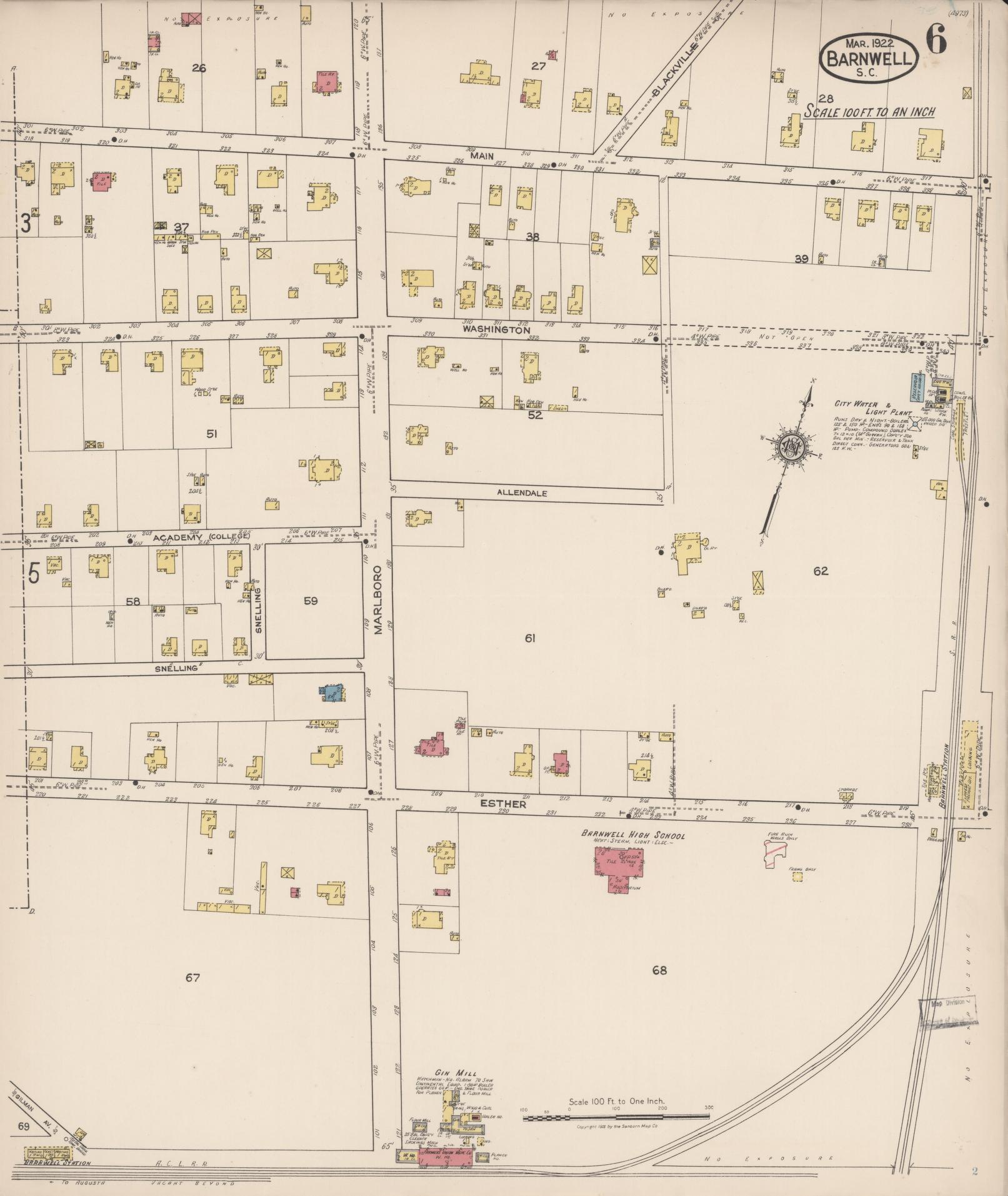 Sanborn Fire Insurance Map from Barnwell, Barnwell County, South Carolina (1922), Sheet #0006 - Historic Sanborn Fire Insurance Map Print, vintage old map wall art, antique decor, genealogy gift, South Carolina South Carolina map