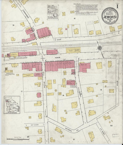 Sanborn Fire Insurance Map from Acworth, Cobb County, Georgia (1921), Sheet #0001 - Complete Map Set gallery image, historic Sanborn map, vintage wall art, Georgia Georgia