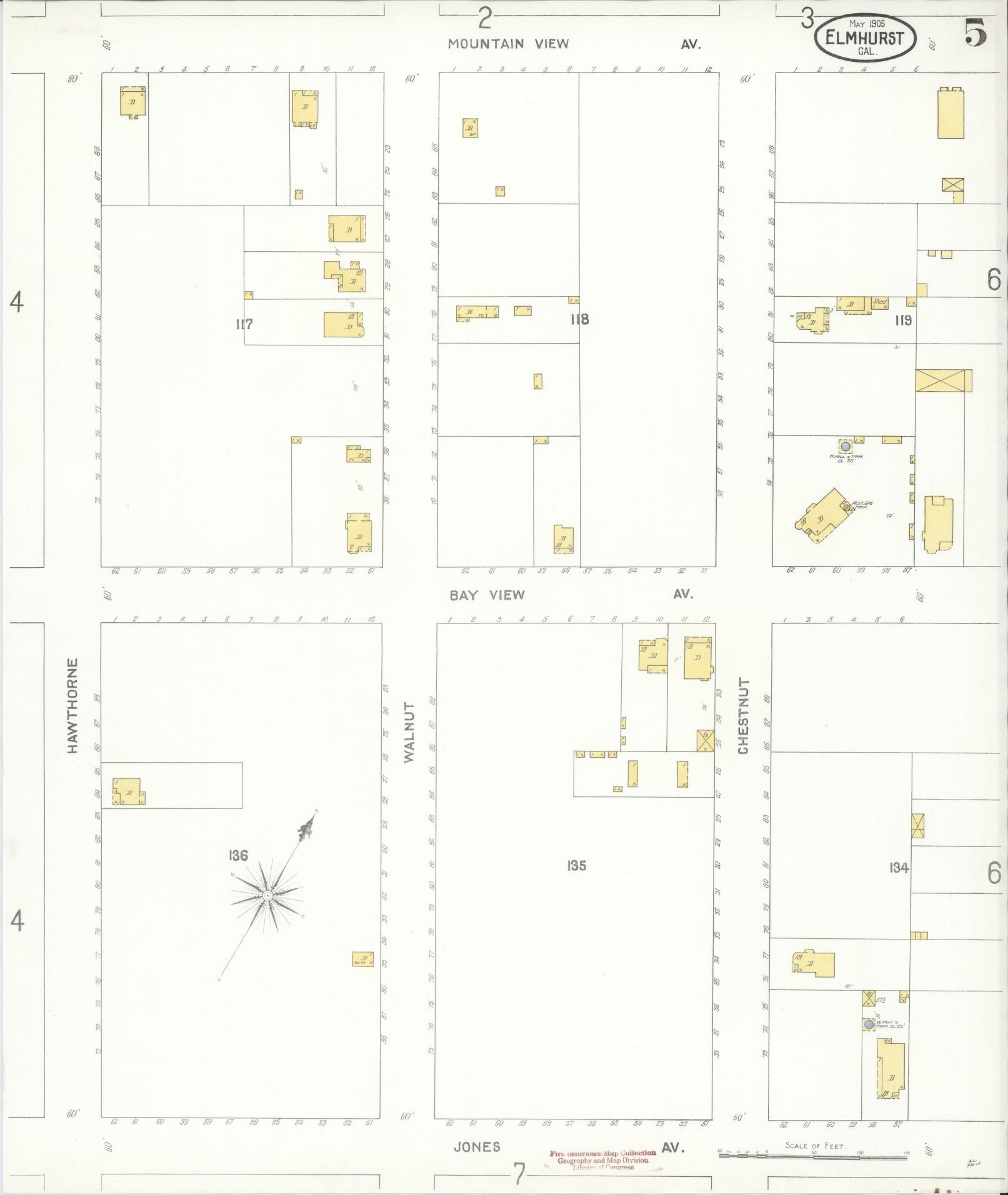 Sanborn Fire Insurance Map from Elmhurst, Alameda County, California (1905), Sheet #0005 - Historic Sanborn Fire Insurance Map Print, vintage old map wall art, antique decor, genealogy gift, California California map