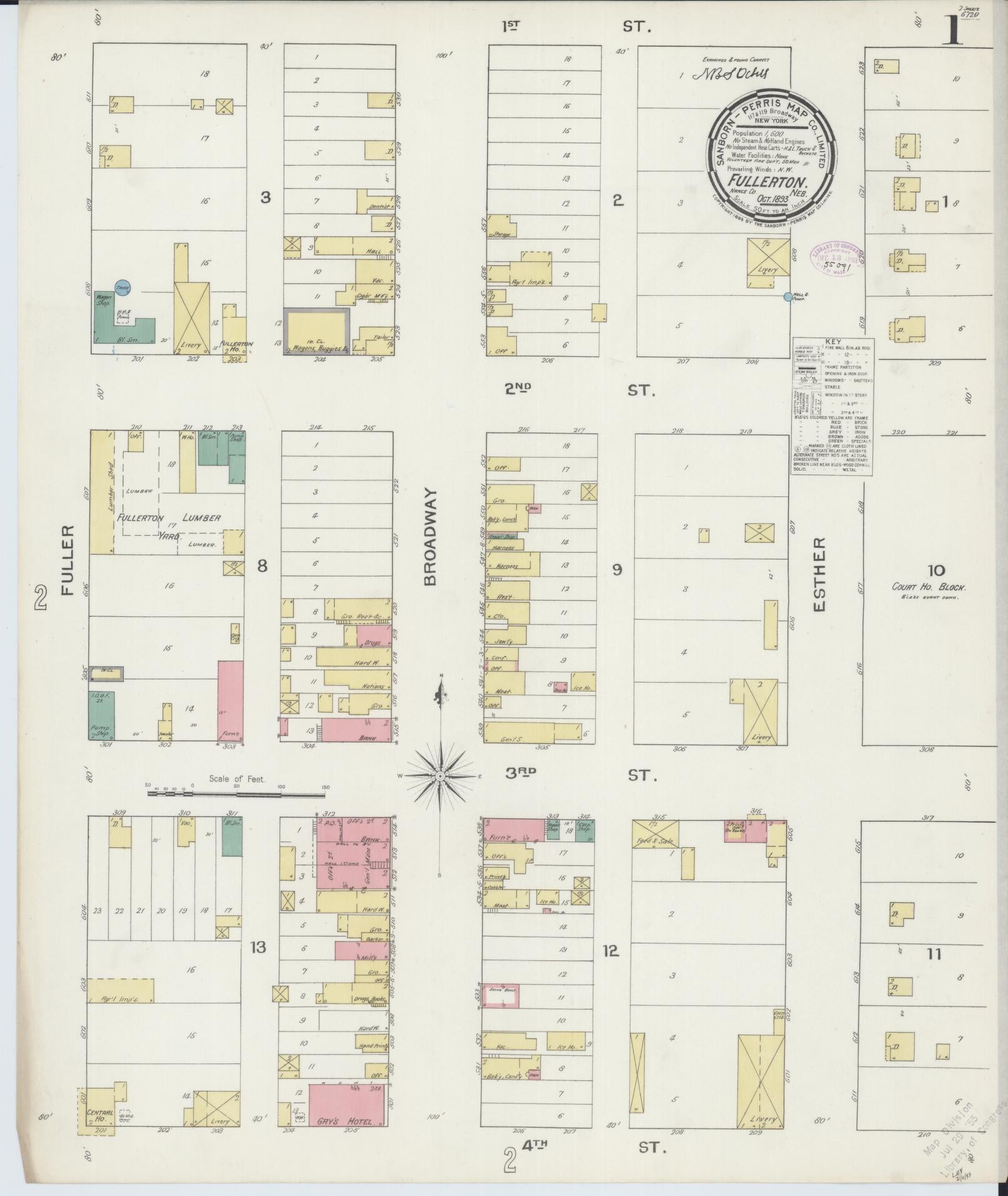 Sanborn Fire Insurance Map from Fullerton, Nance County, Nebraska (1893), Sheet #0001 - Historic Sanborn Fire Insurance Map Print, vintage old map wall art, antique decor, genealogy gift, Nebraska Nebraska map