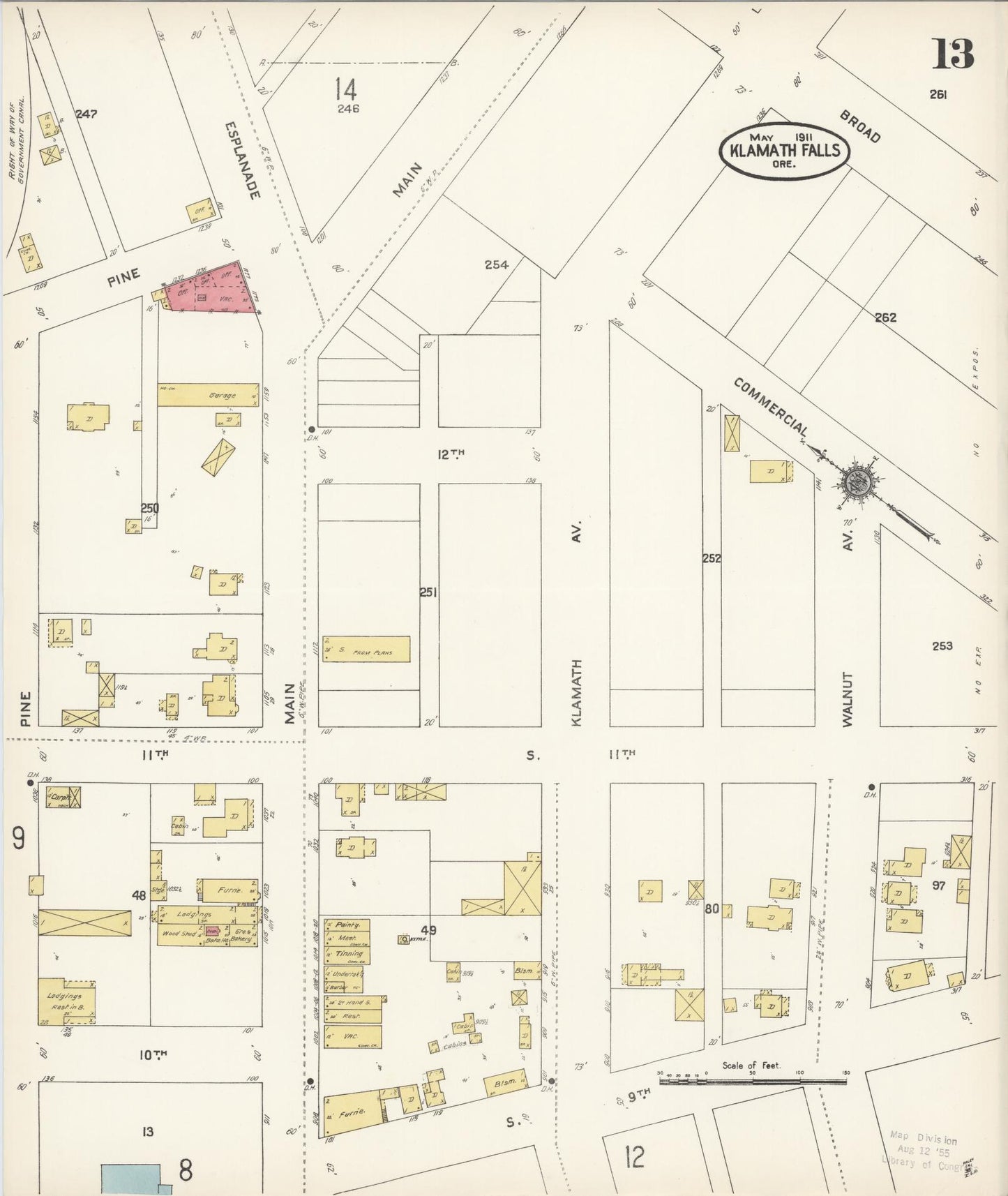 Sanborn Fire Insurance Map from Klamath Falls, Klamath County, Oregon (1911), Sheet #0013 - Historic Sanborn Fire Insurance Map Print, vintage old map wall art, antique decor, genealogy gift, Oregon Oregon map