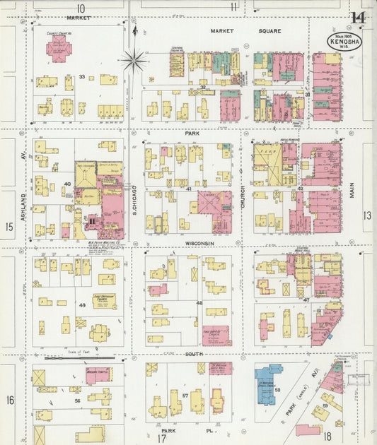 Sanborn Fire Insurance Map from Kenosha, Kenosha County, Wisconsin (1905), Sheet #0014 - Historic Sanborn Fire Insurance Map Print, vintage old map wall art, antique decor, genealogy gift, Wisconsin Wisconsin map
