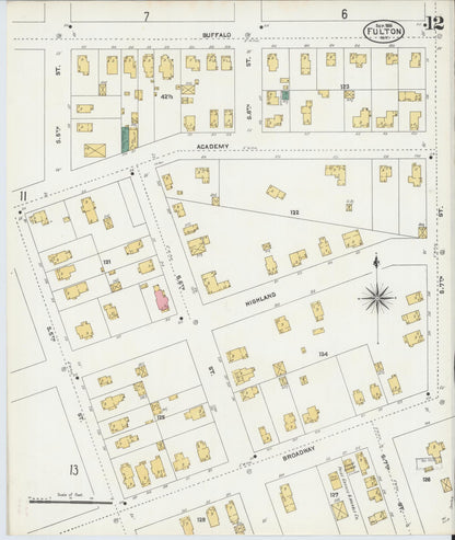Sanborn Fire Insurance Map from Fulton, Oswego County, New York (1906), Sheet #0012 - Historic Sanborn Fire Insurance Map Print, vintage old map wall art, antique decor, genealogy gift, New York New York map