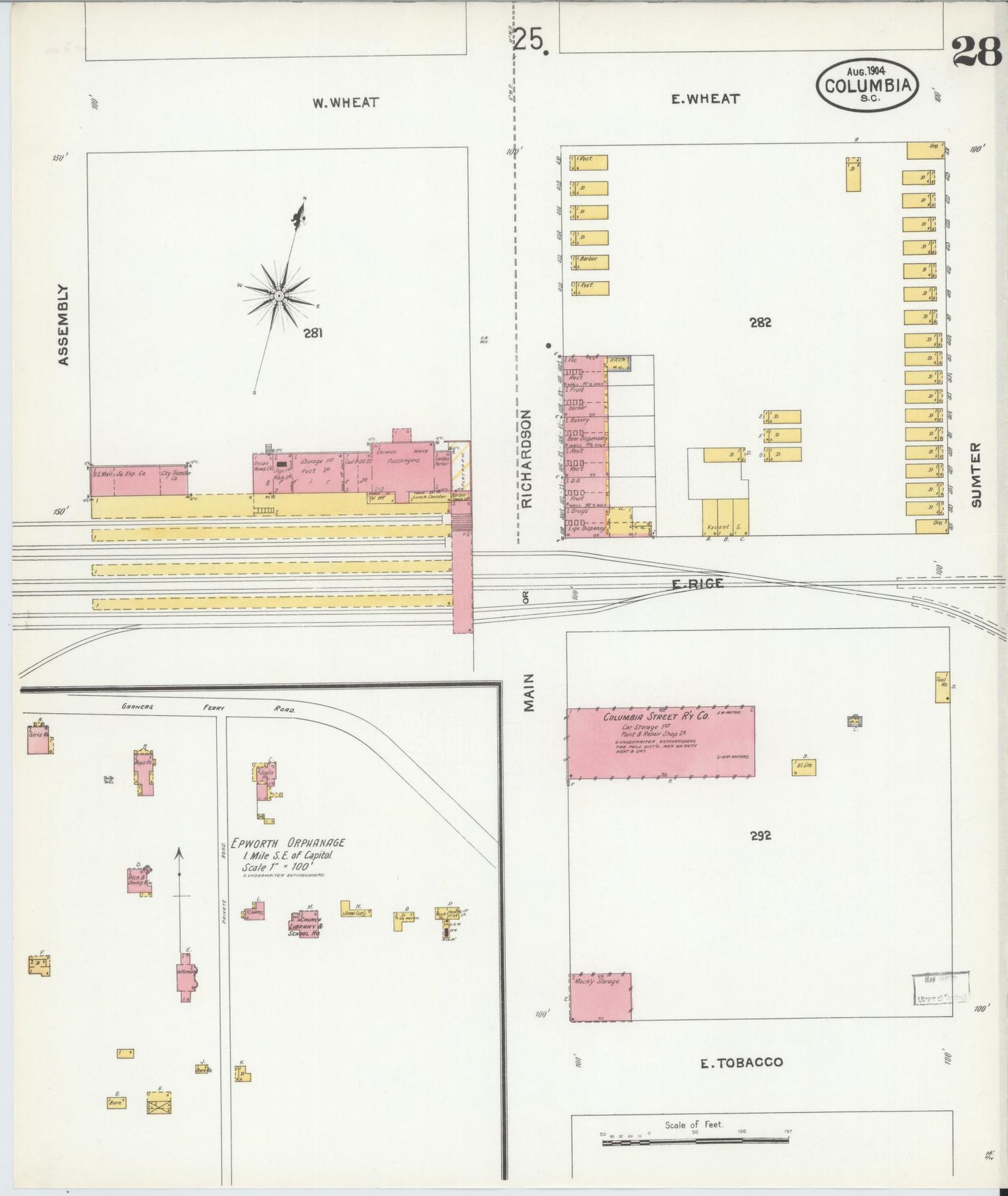 Sanborn Fire Insurance Map from Columbia, Richland County, South Carolina (1904), Sheet #0028 - Complete Map Set gallery image, historic Sanborn map, vintage wall art, South Carolina South Carolina
