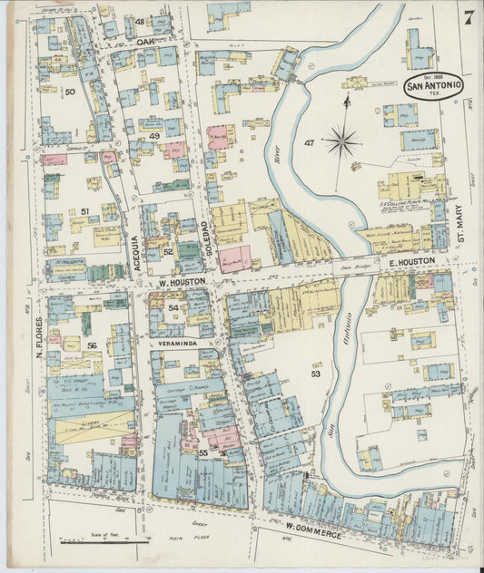 Sanborn Fire Insurance Map from San Antonio, Bexar County, Texas (1888), Sheet #0007 - Historic Sanborn Fire Insurance Map Print, vintage old map wall art, antique decor, genealogy gift, Texas Texas map