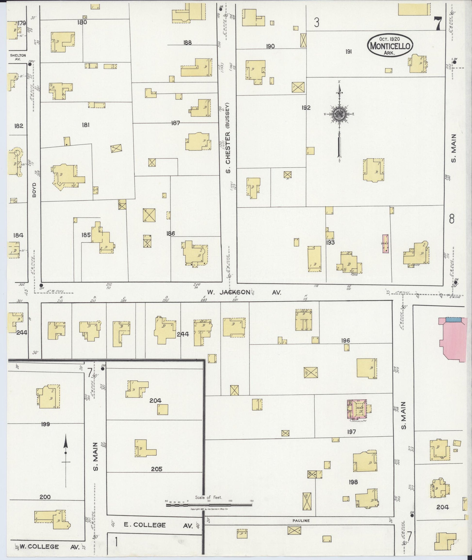 Sanborn Fire Insurance Map from Monticello, Drew County, Arkansas (1920), Sheet #0007 - Historic Sanborn Fire Insurance Map Print, vintage old map wall art, antique decor, genealogy gift, Arkansas Arkansas map