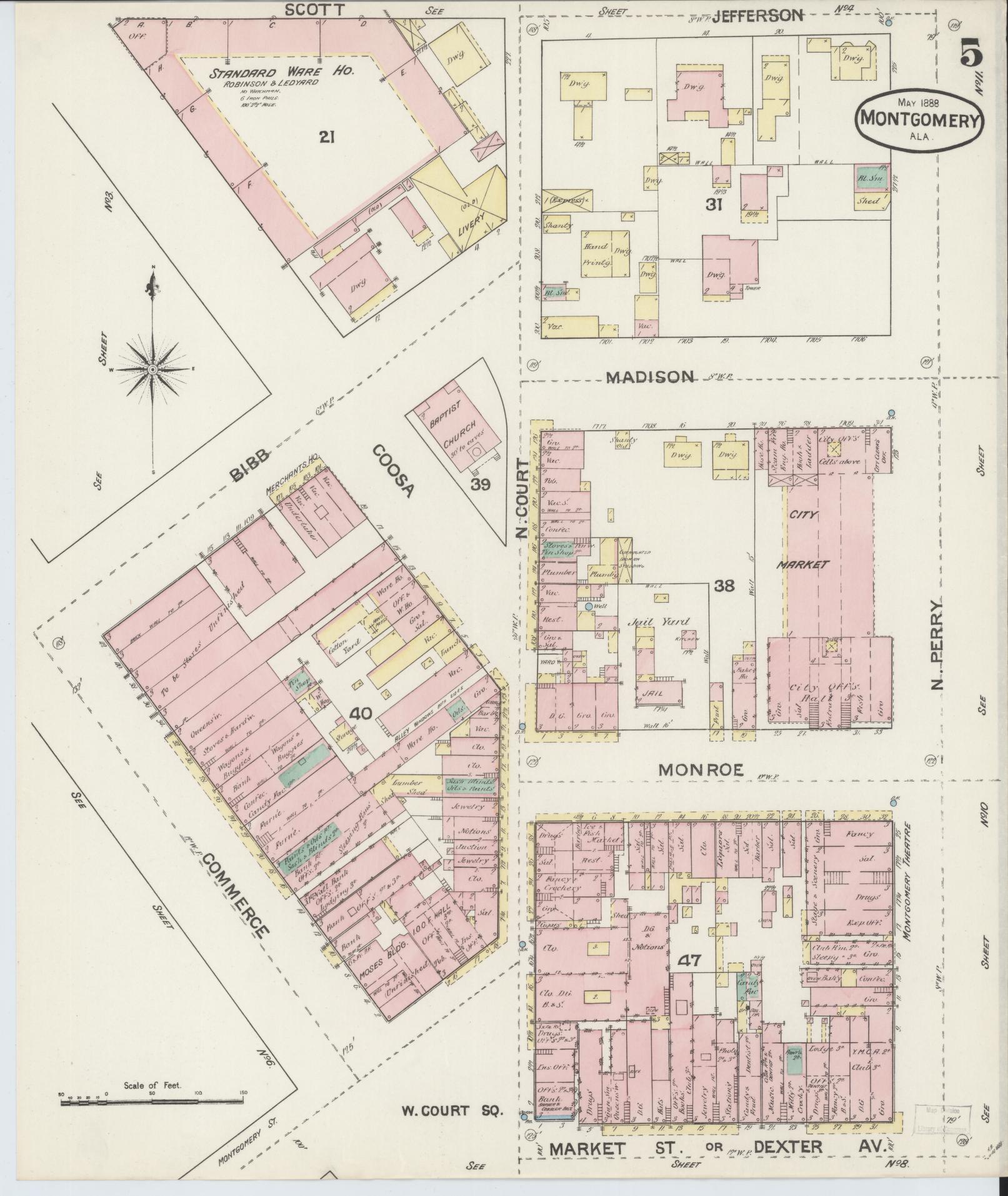 Sanborn Fire Insurance Map from Montgomery, Montgomery County, Alabama (1888), Sheet #0005 - Complete Map Set gallery image, historic Sanborn map, vintage wall art, Alabama Alabama