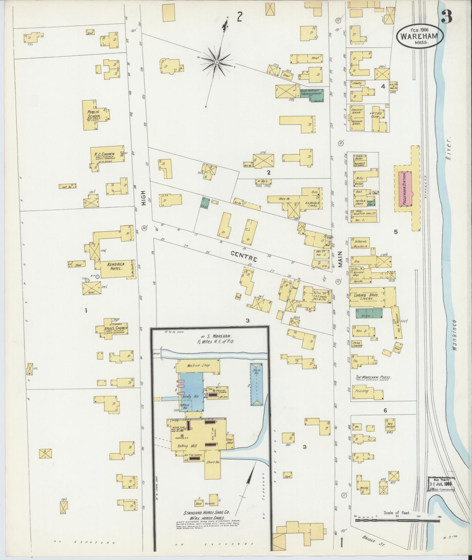 Sanborn Fire Insurance Map from Wareham, Plymouth County, Massachusetts (1906), Sheet #0003 - Historic Sanborn Fire Insurance Map Print, vintage old map wall art, antique decor, genealogy gift, Massachusetts Massachusetts map