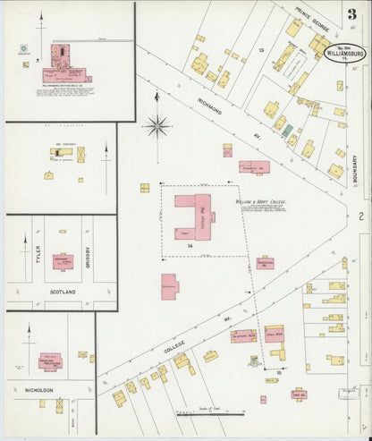 Sanborn Fire Insurance Map from Williamsburg, Independent Cities, Virginia (1904), Sheet #0003 - Historic Sanborn Fire Insurance Map Print, vintage old map wall art, antique decor, genealogy gift, Virginia Virginia map