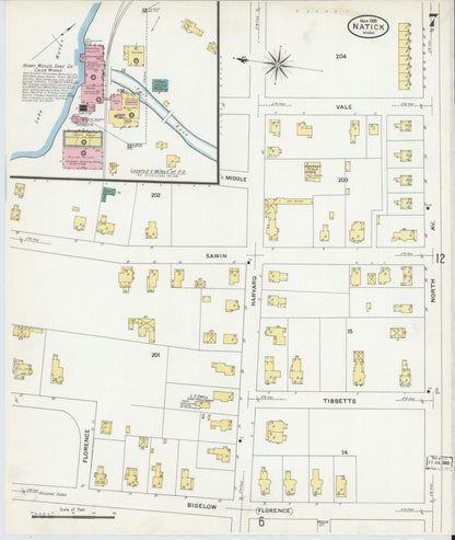 Sanborn Fire Insurance Map from Natick, Middlesex County, Massachusetts (1909), Sheet #0007 - Historic Sanborn Fire Insurance Map Print, vintage old map wall art, antique decor, genealogy gift, Massachusetts Massachusetts map