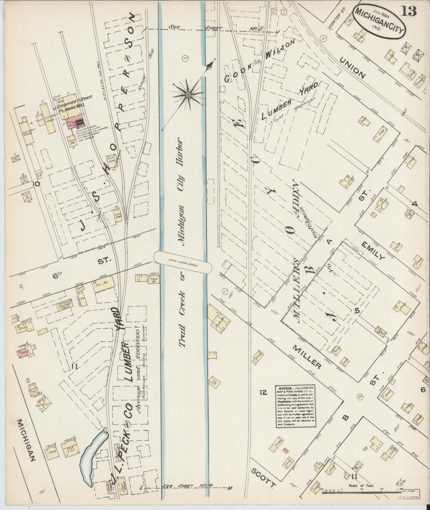 Sanborn Fire Insurance Map from Michigan City, La Porte  County, Indiana (1884), Sheet #0013 - Historic Sanborn Fire Insurance Map Print, vintage old map wall art, antique decor, genealogy gift, Michigan Michigan map
