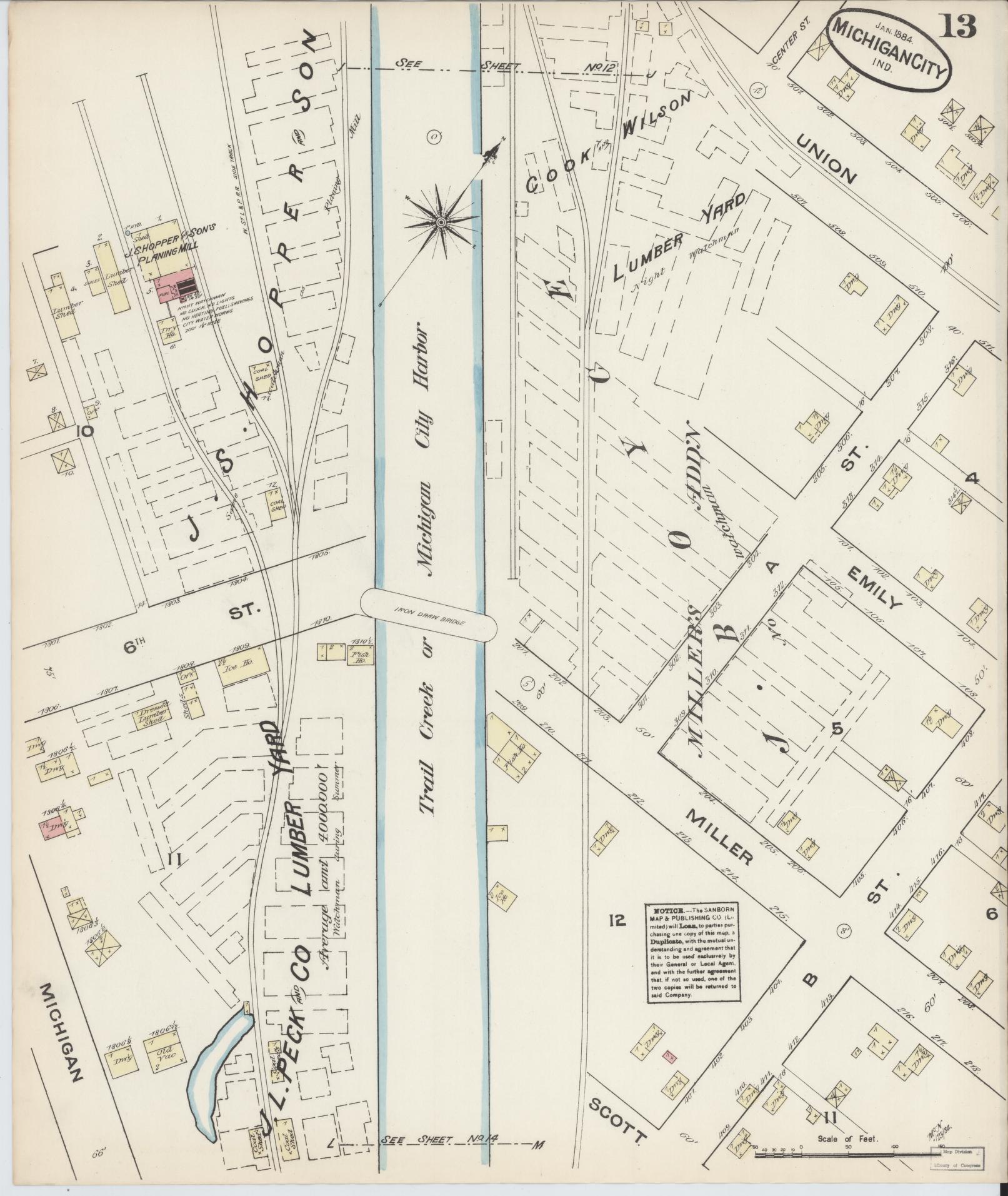 Sanborn Fire Insurance Map from Michigan City, La Porte  County, Indiana (1884), Sheet #0013 - Historic Sanborn Fire Insurance Map Print, vintage old map wall art, antique decor, genealogy gift, Michigan Michigan map