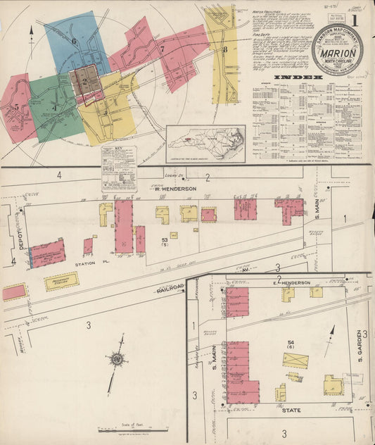 Sanborn Fire Insurance Map from Marion, Mcdowell County, North Carolina (1922), Sheet #0001 - Complete Map Set gallery image, historic Sanborn map, vintage wall art, North Carolina North Carolina