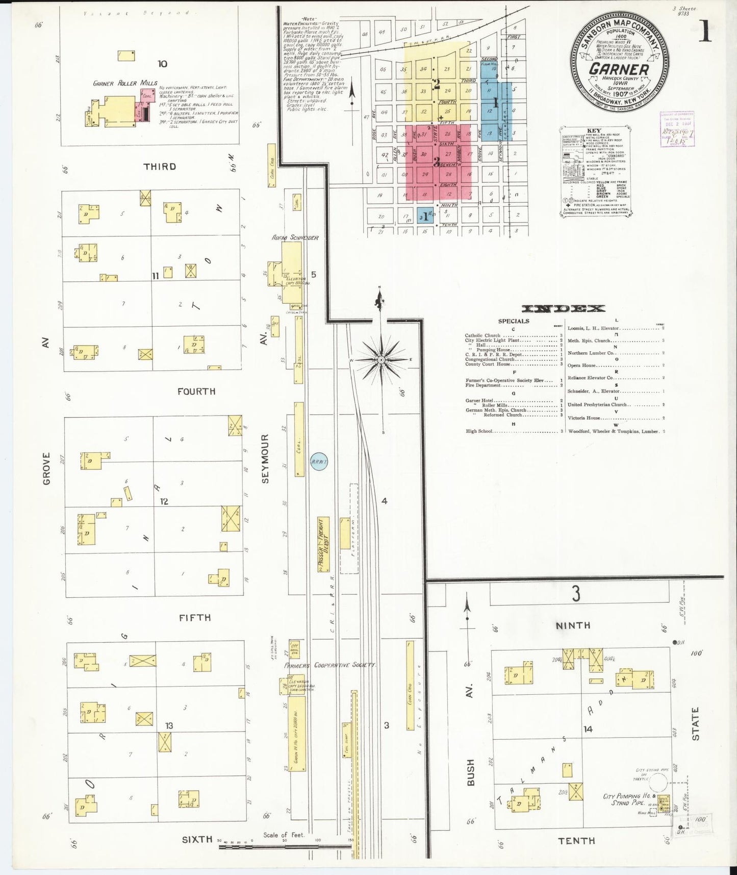 Sanborn Fire Insurance Map from Garner, Hancock County, Iowa (1907), Sheet #0001 - Historic Sanborn Fire Insurance Map Print, vintage old map wall art